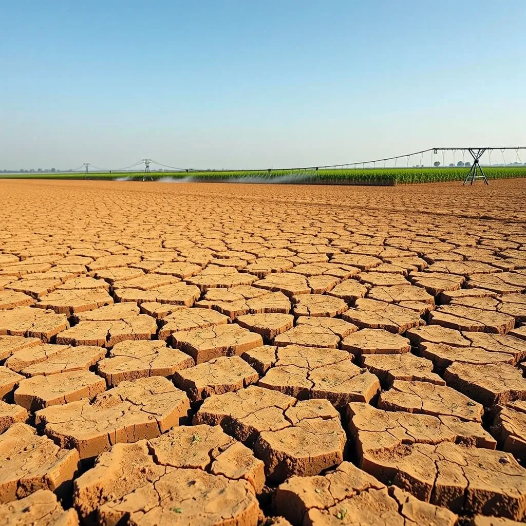 Campo agricolo colpito dalla siccità, con crepe nel suolo e un sistema di irrigazione a goccia in lontananza.